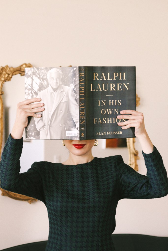 Christmas outfit, Christmas decorations houndstooth dress, gold hoop earrings, Christmas fashion, holiday fashion, holiday style, holiday outfit, red lips, green dress, shoulder pads, Ralph Lauren