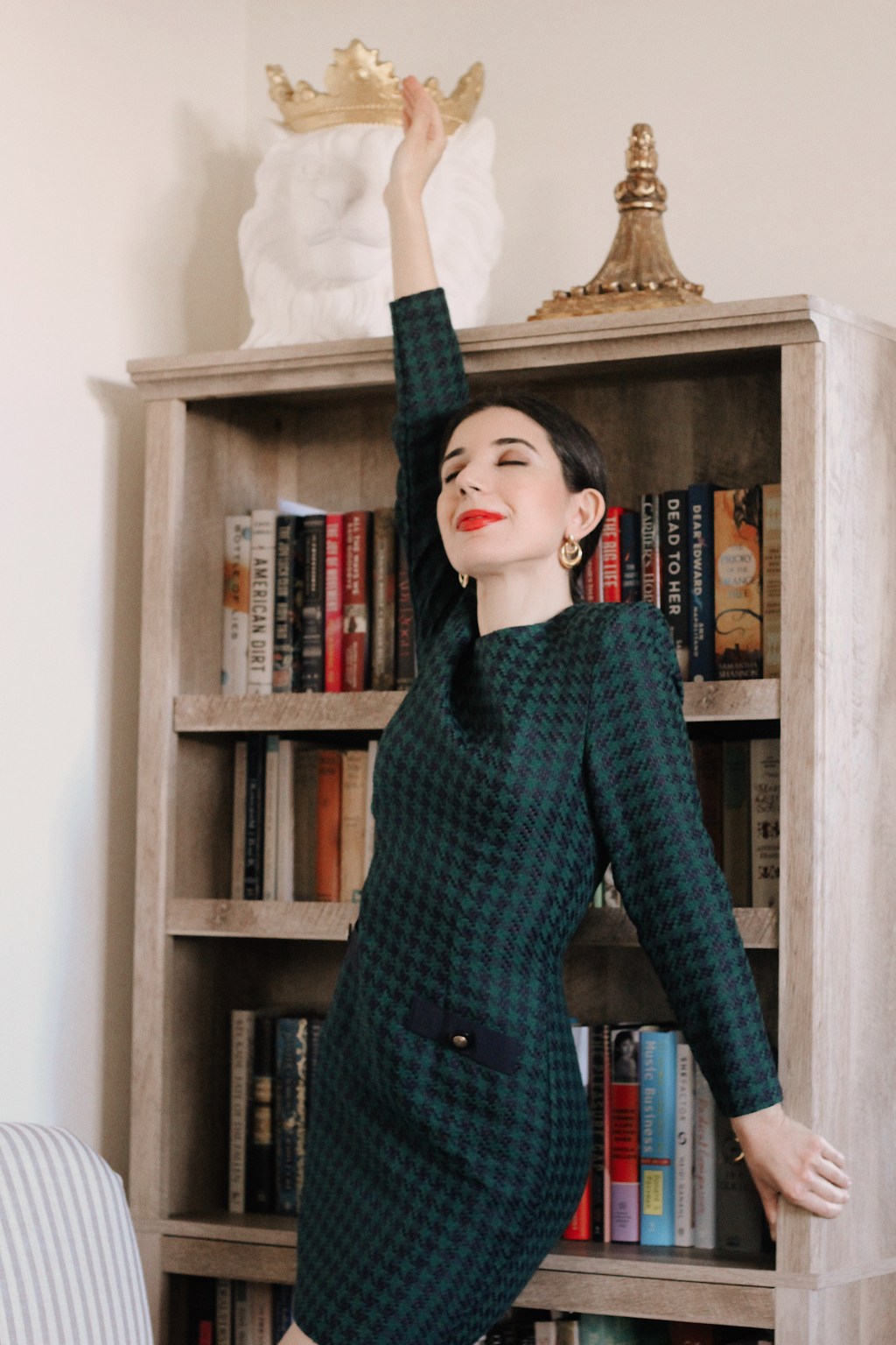 red heels, Christmas outfit, Christmas decorations houndstooth dress, gold hoop earrings, Christmas fashion, holiday fashion, holiday style, holiday outfit, red lips, green dress, shoulder pads
