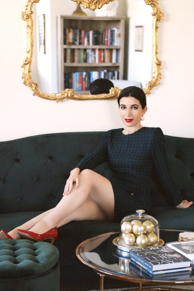 red heels, red pumps, Christmas outfit, Christmas decorations houndstooth dress, gold hoop earrings, Christmas fashion, holiday fashion, holiday style, holiday outfit, red lips, green dress,