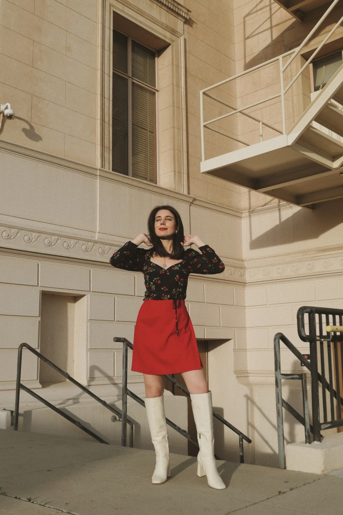 Aritzia Top, Aritzia, sweetheart neckline, sweeheart top, puffy sleeves, red skirt, midi skirt, wool skirt, skirt slit, Gorjana necklace, Gorjana, mod, mod style, ‘60s fashion, go-go boots, white boots, knee-high boots, white knee-high boots, Stuart Weitzman, fashion blogger, what I wore, wiw, outfit of the day, ootd, Tezza App