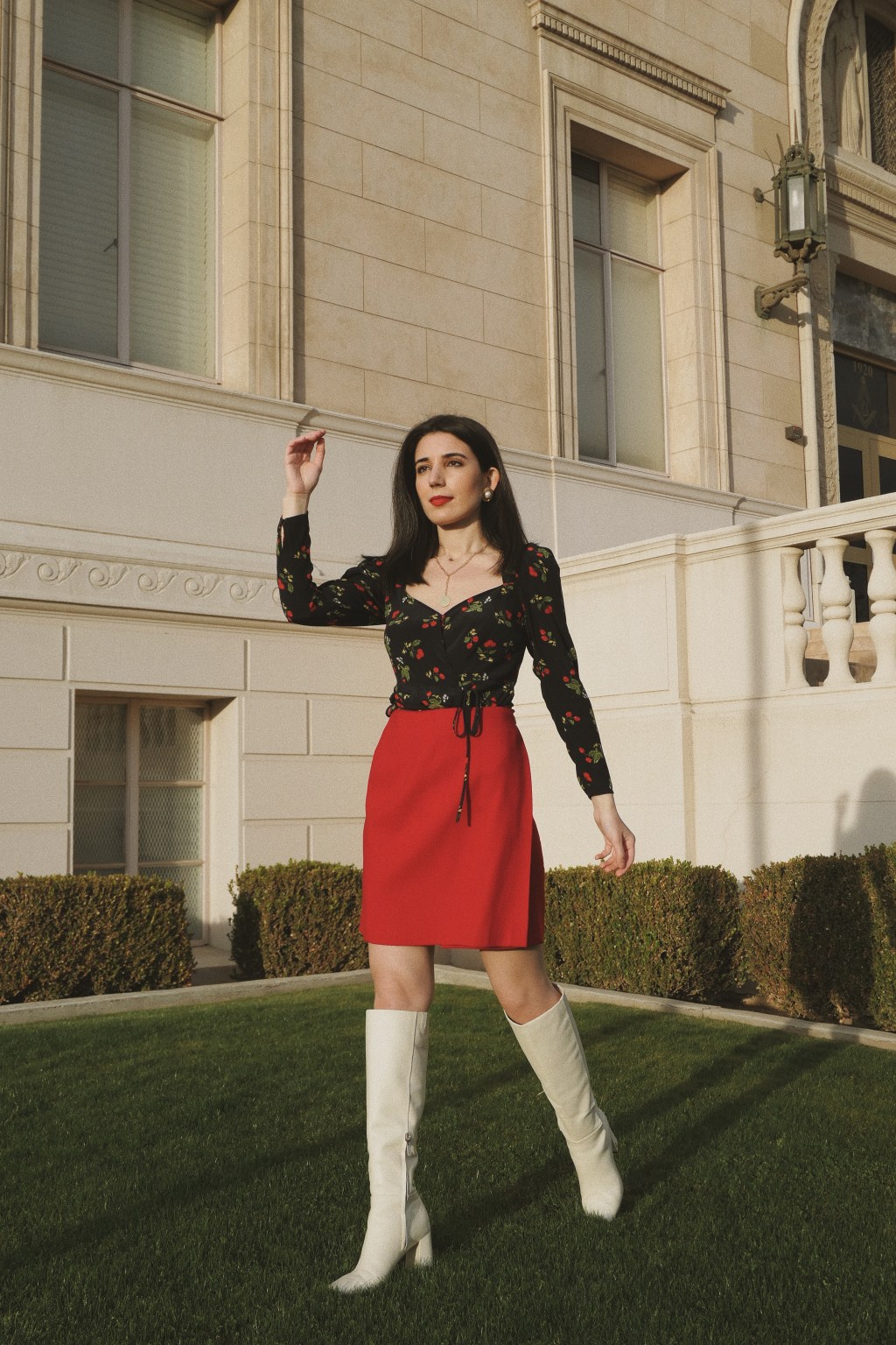 mod, mod style, ‘60s fashion, go-go boots, white boots, knee-high boots, white knee-high boots, Stuart Weitzman, fashion blogger, what I wore, wiw, outfit of the day, ootd, Tezza App, Aritzia Top, Aritzia, sweetheart neckline, sweeheart top, puffy sleeves, red skirt, midi skirt, wool skirt, skirt slit, Gorjana necklace, Gorjana