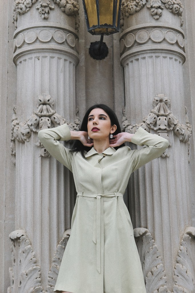 Pistachio dress, trench coat dress, green dress, Barneys New York, rhinestone earrings, midi dress, mid-length dress, button-down dress, vintage, vintage dress, vintage finds, mod, mod style, ‘60s fashion, go-go boots, white boots, knee-high boots, white knee-high boots, Stuart Weitzman, fashion blogger, what I wore, wiw, outfit of the day, ootd, Tezza App