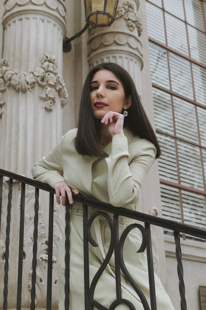 Pistachio dress, trench coat dress, green dress, Barneys New York, rhinestone earrings, midi dress, mid-length dress, button-down dress, vintage, vintage dress, vintage finds, mod, mod style, ‘60s fashion, go-go boots, white boots, knee-high boots, white knee-high boots, Stuart Weitzman, fashion blogger, what I wore, wiw, outfit of the day, ootd, Tezza App