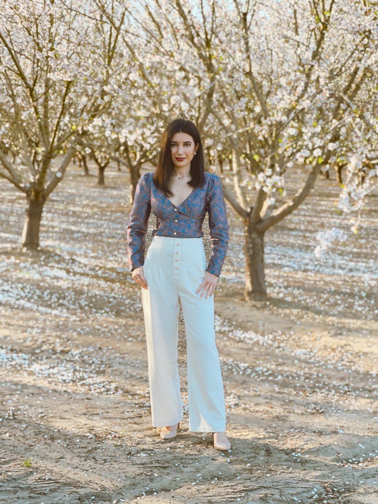Bridgerton, Bridgerton style, puffy sleeves, regencycore, cottagecore, Revolve, Majorelle, Simple Retro, high waist pants, statement top, paisley, sweetheart neckline, jacquard print, jacquard top, pearl earrings, vintage fashion, vintage style, Central Valley blossoms, ootd, outfit of the day, spring style, spring style 2021, spring fashion, spring editorial