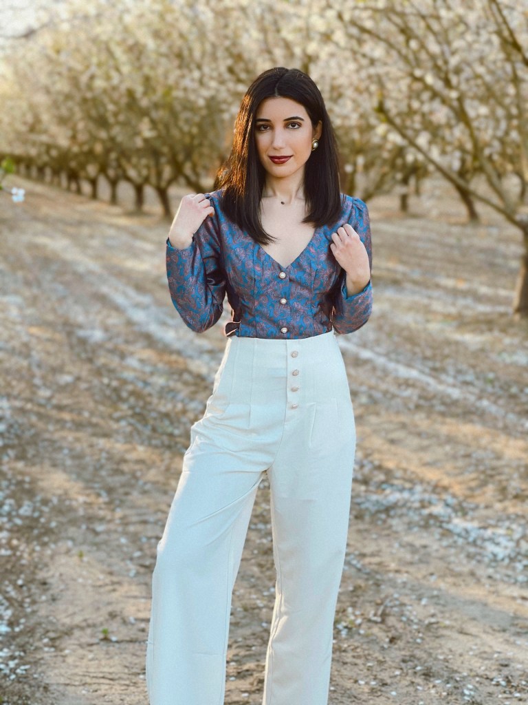 Bridgerton, Bridgerton style, puffy sleeves, regencycore, cottagecore, Revolve, Majorelle, Simple Retro, high waist pants, statement top, paisley, sweetheart neckline, jacquard print, jacquard top, pearl earrings, vintage fashion, vintage style, Central Valley blossoms, ootd, outfit of the day, spring style, spring style 2021, spring fashion, spring editorial