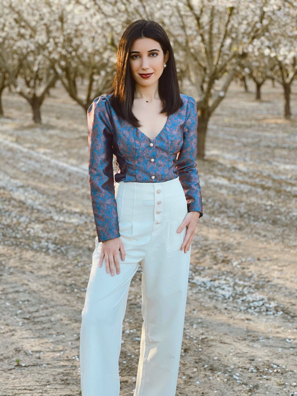 Bridgerton, Bridgerton style, puffy sleeves, regencycore, cottagecore, Revolve, Majorelle, Simple Retro, high waist pants, statement top, paisley, sweetheart neckline, jacquard print, jacquard top, pearl earrings, vintage fashion, vintage style, Central Valley blossoms, ootd, outfit of the day, spring style, spring style 2021, spring fashion, spring editorial