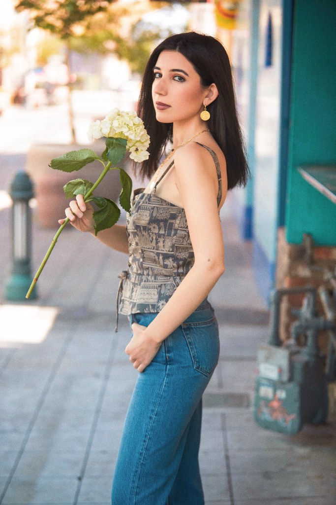 artsy top, corset top, printed top, statement top, Reformation, sustainable fashion, Uncommon James, Gorjana, fashion, summer style, summer 2021 style, outfit ideas, style diary, Boyish Jeans, high waist jeans, wide leg jeans