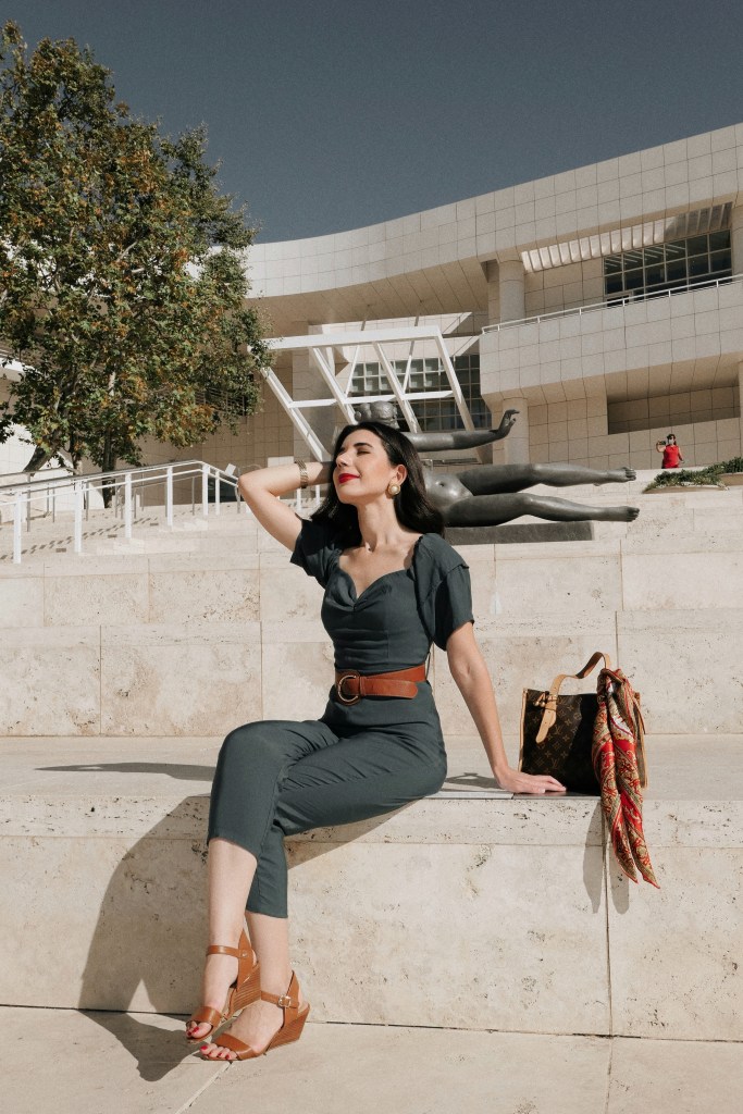 Getty Museum, Getty Center, The Getty, museum, art, Los Angeles, LA, LA museums, things to do in LA, Zara, Zara jumpsuit, jumpsuit, Louis Vuitton, outfit of the day, ootd, what I wore, brown leather belt, silk scarf