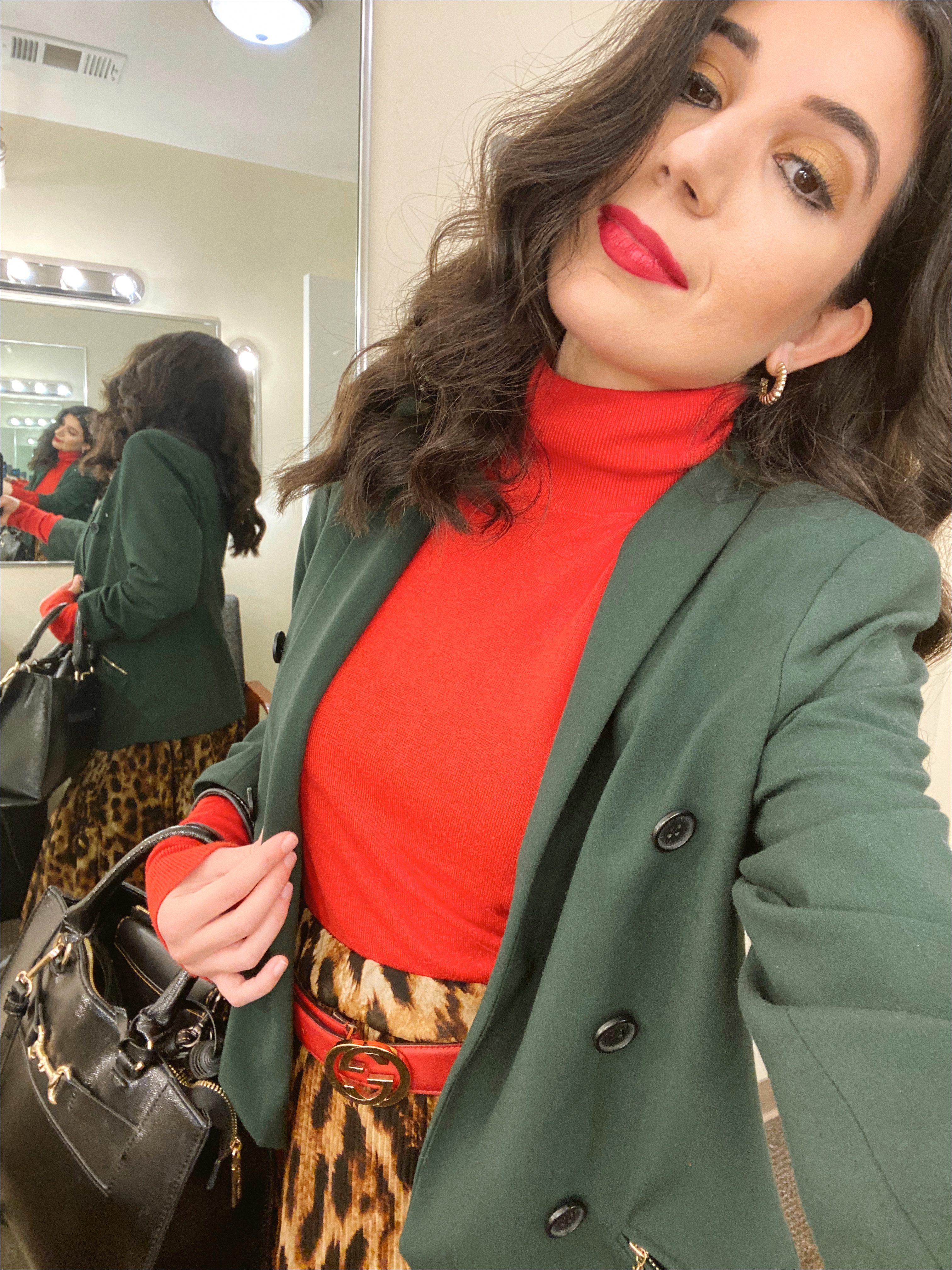 Gucci, House of Gucci, Leopard print, leopard print skirt, accordion skirt, over-the-knee boots, suede boots, fashion blogger, winter wardrobe, work style, winter style, fall fashion, fall outfit, ootd, style diary, how-to wear, what to wear Christmas outfit, Christmas style, red turtleneck, turtleneck, blazer