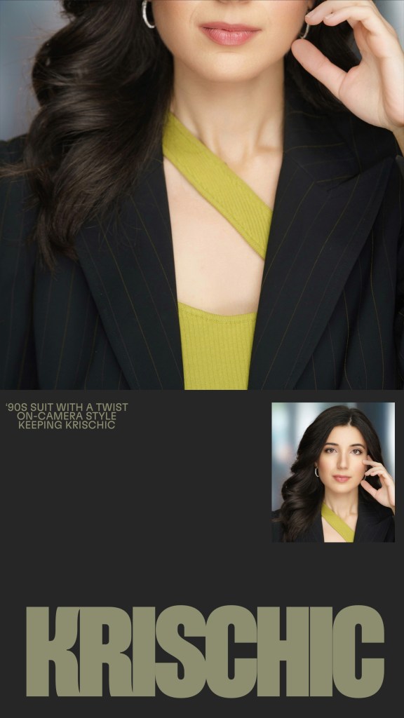on-camera style, TV host style, reporter style, anchor style, anchor, reporter, TV host, '90s style, retro, fashion, ootd, outfit idea, black leather belt, asymmetrical top, lime green, suit, pinstripe suit, workwear, what I wore to work 