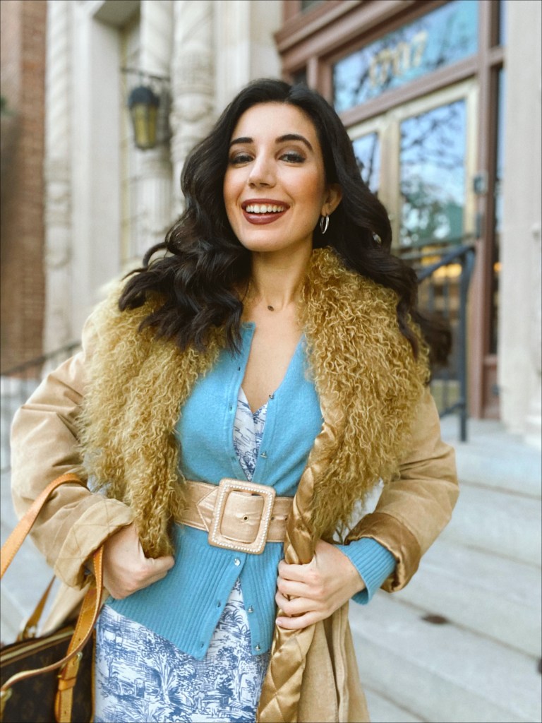 Carrie Bradshaw, Sex and the City, And Just Like That, Big, SATC, SATC fashion, Carrie Bradshaw outfit, winter outfit, suede coat, toile dress, nude pumps