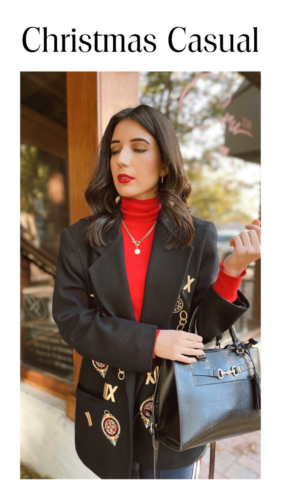 turtleneck, red turtleneck, Christmas outfit, red lipstick, blazer, vintage, vintage blazer, wool blazer, vintage jewelry. Chanel, gold hoops, Anne Klein, Zara, striped pants, sporty chic, fashion blogger, outfit of the day, ootd, winter outfit, street style