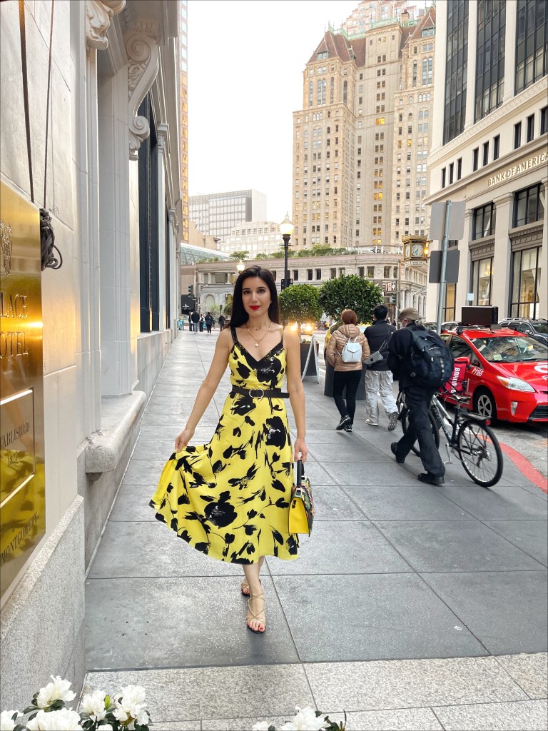 Jason Wu, Emily in Paris, Emily Cooper, floral dress, Ganni dress, Emily in Paris yellow dress, Aldo, Jennifer Lopez shoes, Chanel, gold chain necklace, vintage, maxi dress, summer dress, sundress