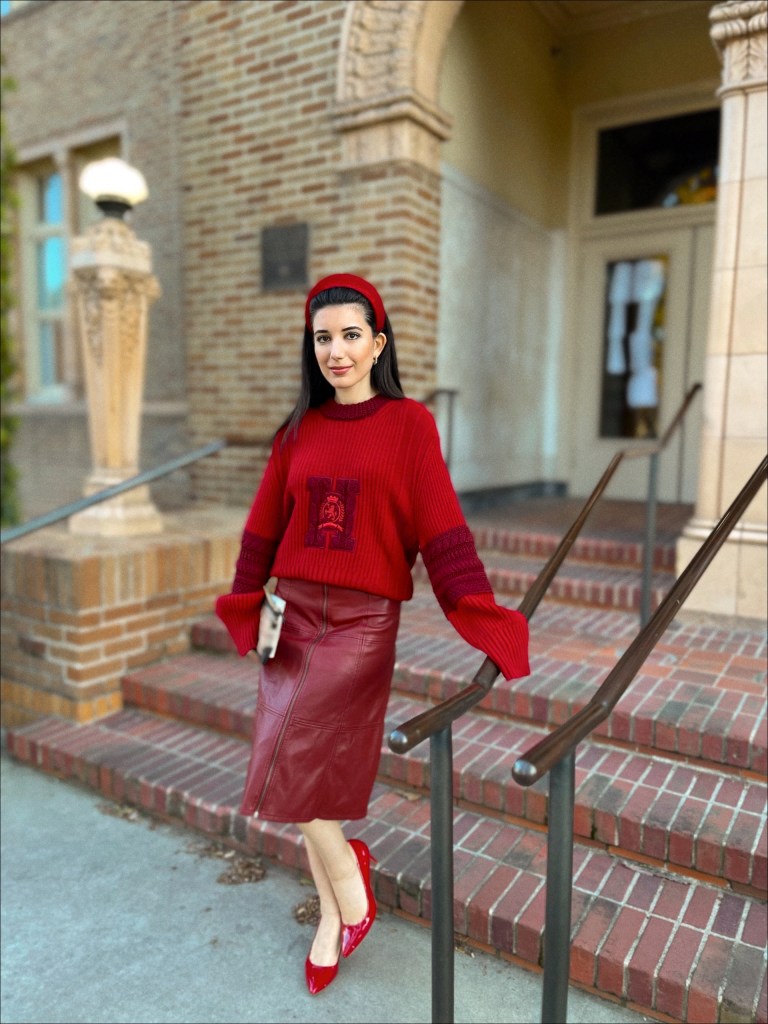 Tommy Hilfiger, preppy style, preppy, back to school style, fall fashion, high fashion, red sweater, oversized sweater, leather skirt, midi skirt, gold hoop earrings, red pumps