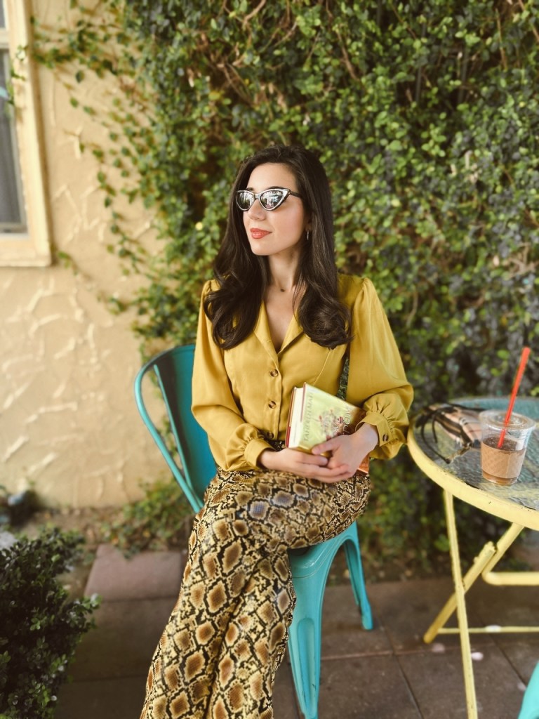 animal print, snakeskin pants, snake print, Edwardian top, Edwardian fashion, '80s top, shoulder pads, button down, tortoise shell, Good American, early 2000s fashion, early Otts, Y2K fashion, Christina Aguilera animal print pants