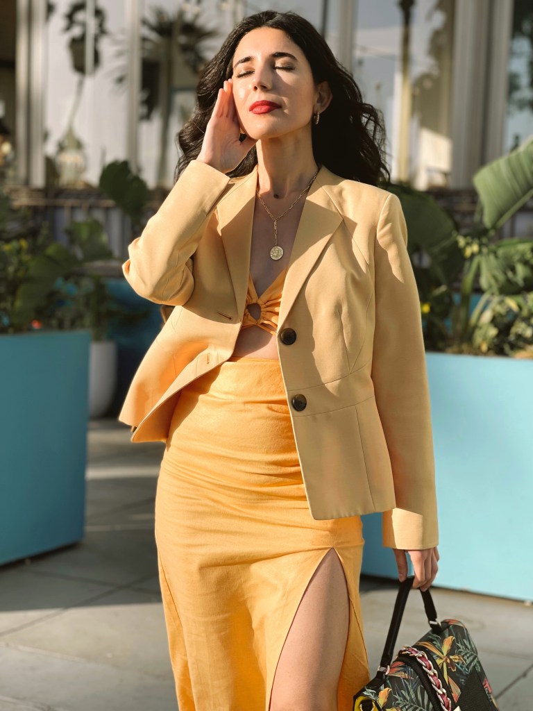 Aldo, floral print, tropical print, yellow, blazer, Zara, matching set, halter top, slit skirt, island print, summer fashion, spring 2022, Gorjana, Uncommon James
