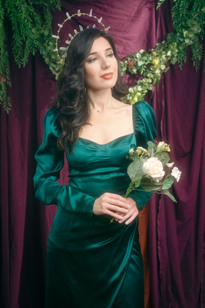 Pre-Raphaelite, British art, Tate Britain, Dante Gabriel Rossetti, John Waterhouse, John Everett Millais, art and fashion, 19th century, 1800s dress, sweetheart neckline, bustier dress, sustainable fashion, satin dress, Proserpine, Victorian dress, Reformation dress, Met Gala, gown