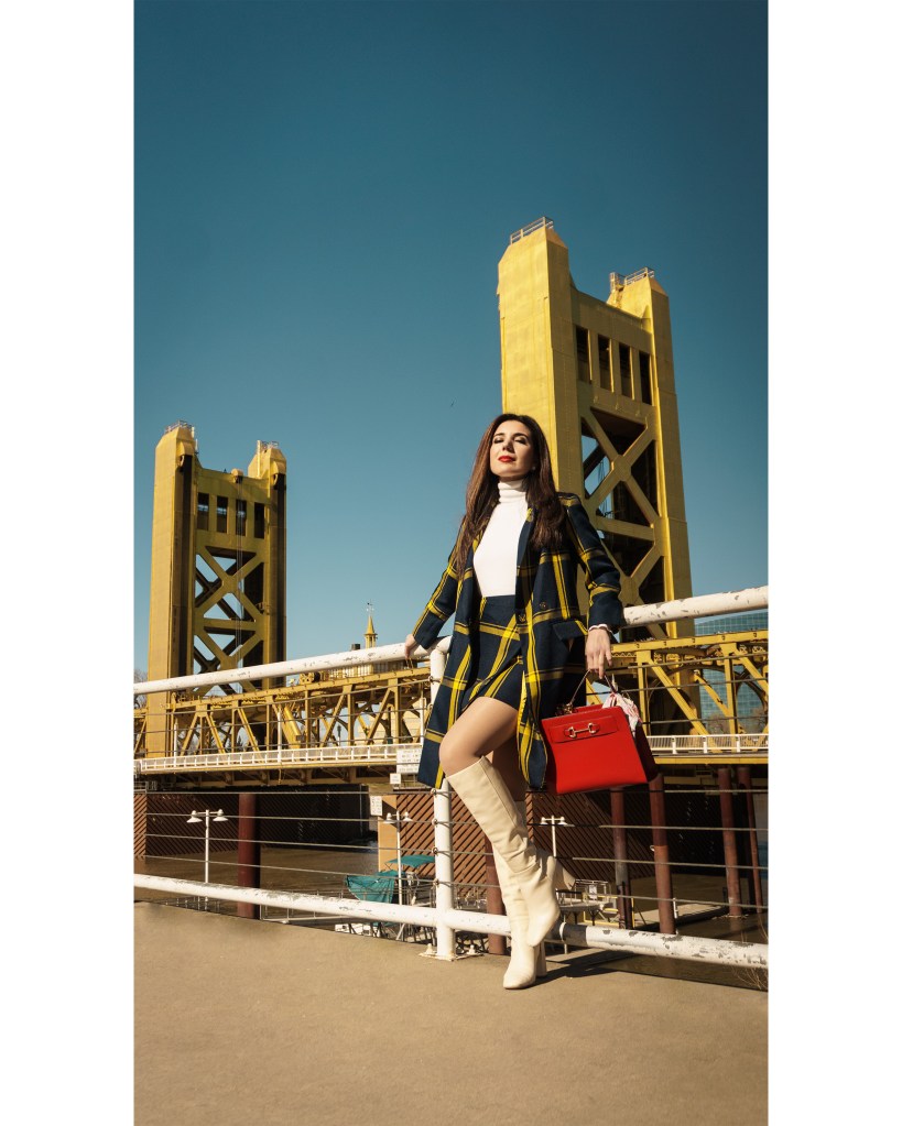 Sacramento, Tower Bridge, California capital, travel, fashion, skirt suit, plaid, Milly, Burberry, Etro, fashion month, Milan Fashion Week, London Fashion Week, fashion week trends, red bag, white boots, knee-high boots, square toe boots, turtleneck, European fashion, British fashion
