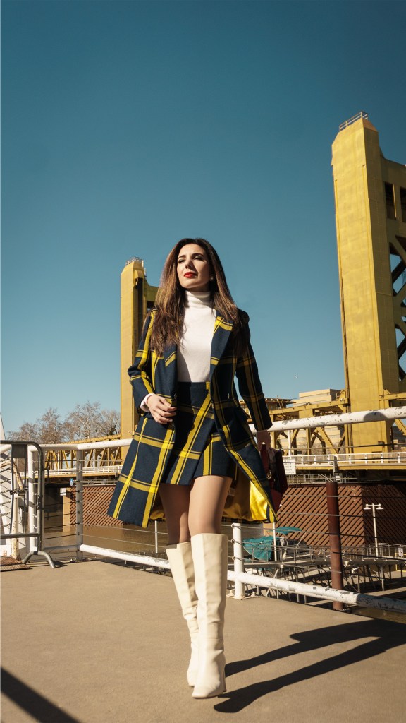 Sacramento, Tower Bridge, California capital, travel, fashion, skirt suit, plaid, Milly, Burberry, Etro, fashion month, Milan Fashion Week, London Fashion Week, fashion week trends, red bag, white boots, knee-high boots, square toe boots, turtleneck, European fashion, British fashion