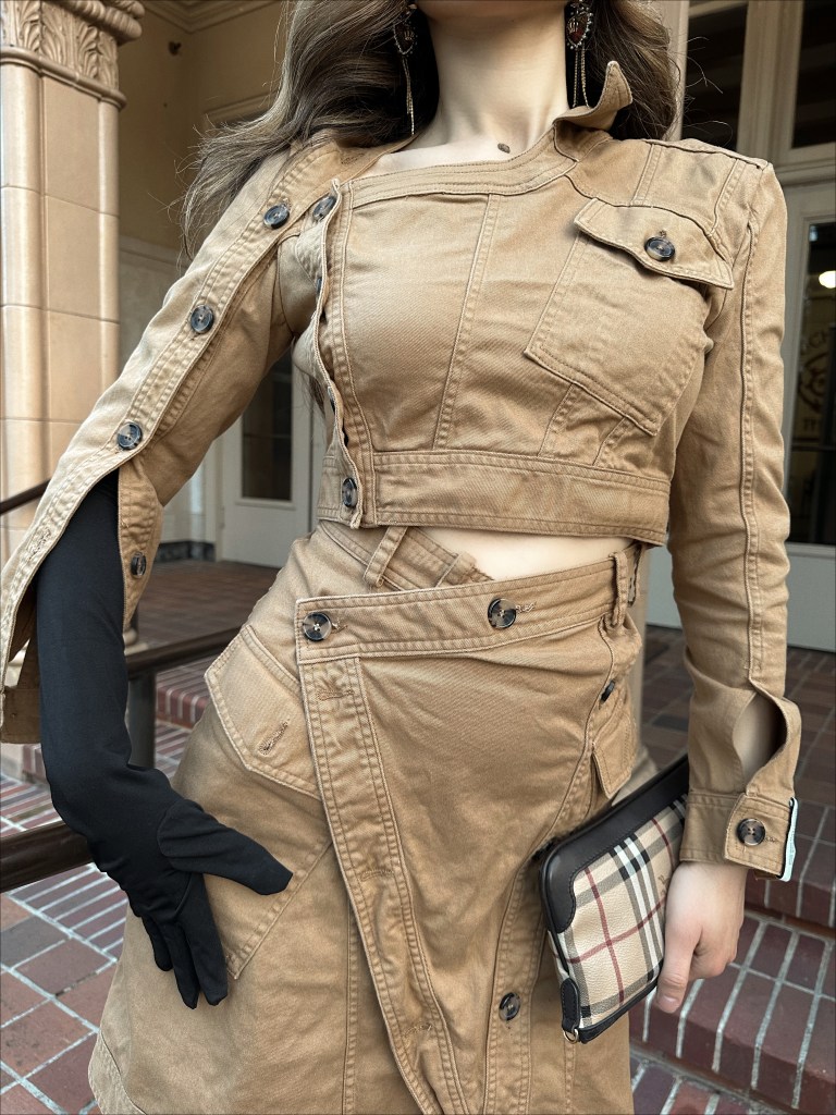 quiet luxury, utility fashion, utilitarian, cargo pants, spring style, cargo, spring/summer 2023, runway, outfit idea, rokh, asymmetrical, over-the-knee boots, opera gloves, Burberry