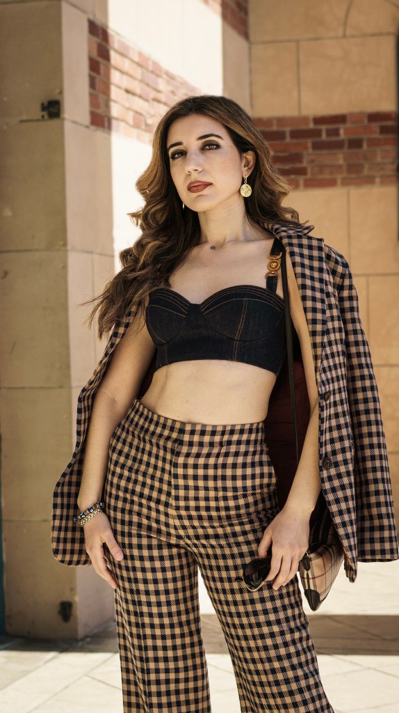 spring style, denim, denim top, Versace, Tommy Hilfiger, suit, plaid suit, plaid, three-piece suit, how to wear, vintage shoes, shop secondhand, sustainable style, Uncommon James, minimalism, quiet luxury, Sacramento, California style